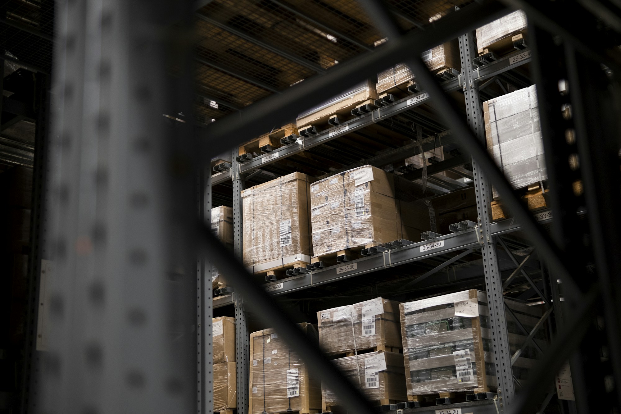 Wrapped goods on warehouse pallet racks — illustrative industry photograph